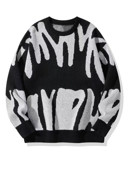 Flat-lay knit jumper in black with large white abstract pattern and ribbed trim 2