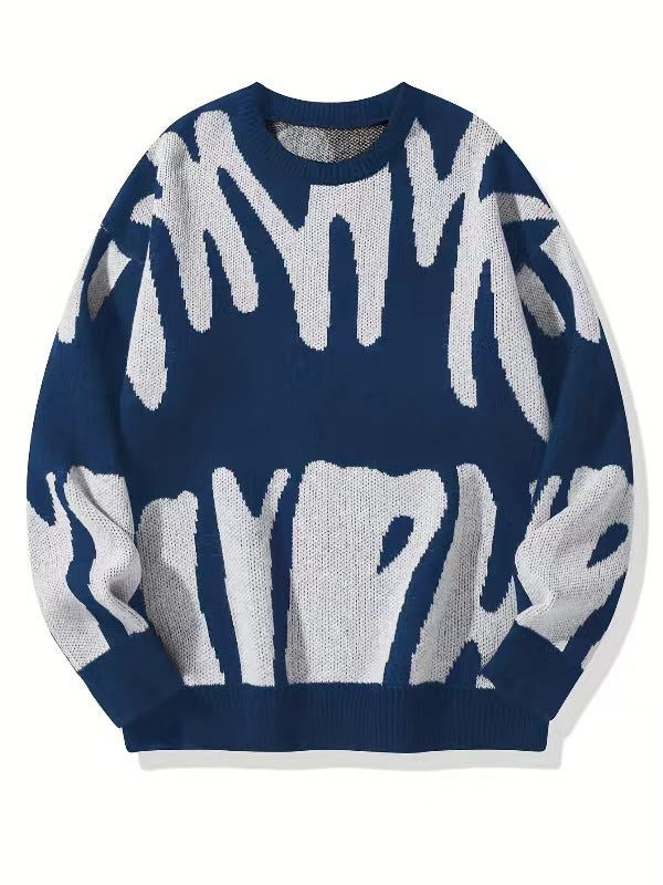 Flat-lay knit jumper in navy blue with large cream abstract pattern and ribbed hem 3