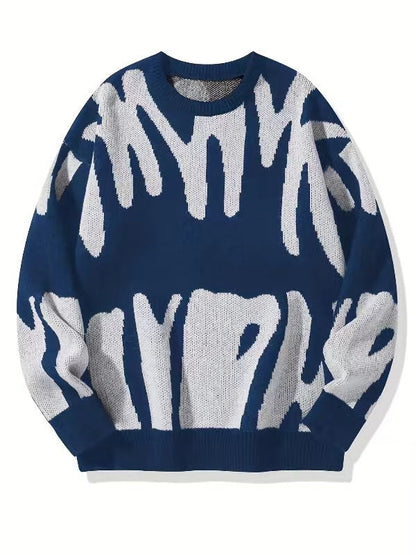 Flat-lay knit jumper in navy blue with large cream abstract pattern and ribbed hem 3