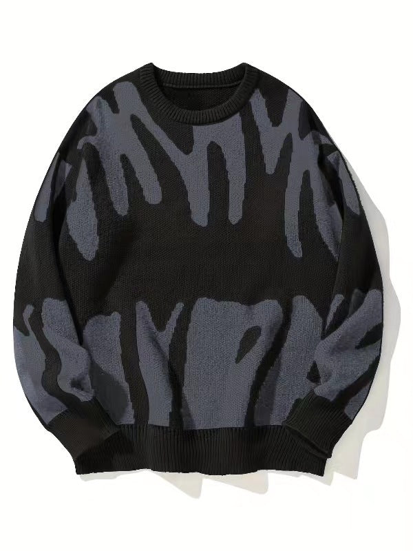 Flat-lay knit jumper in black with grey abstract pattern across chest and sleeves 4