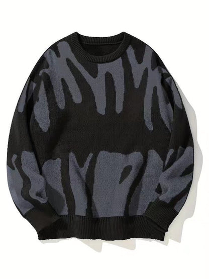 Flat-lay knit jumper in black with grey abstract pattern across chest and sleeves 4