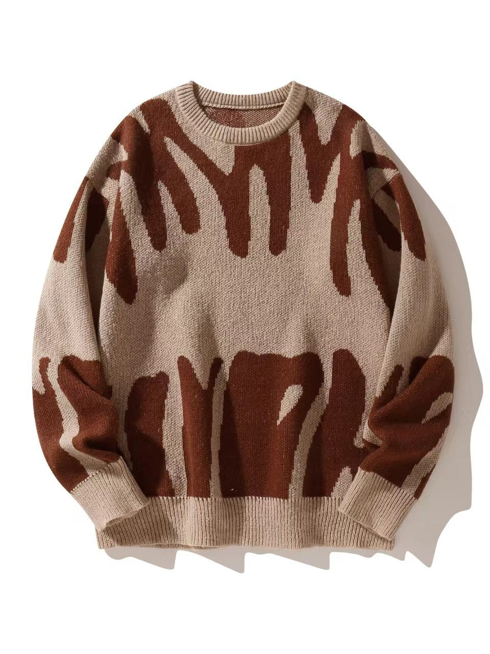 Flat-lay knit jumper in beige with rust-brown abstract pattern and ribbed neckline 5