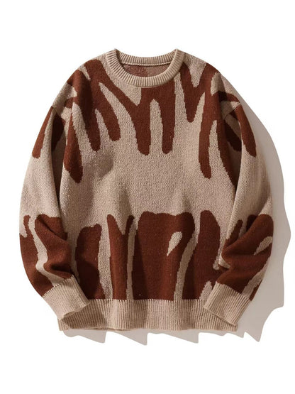 Flat-lay knit jumper in beige with rust-brown abstract pattern and ribbed neckline 5