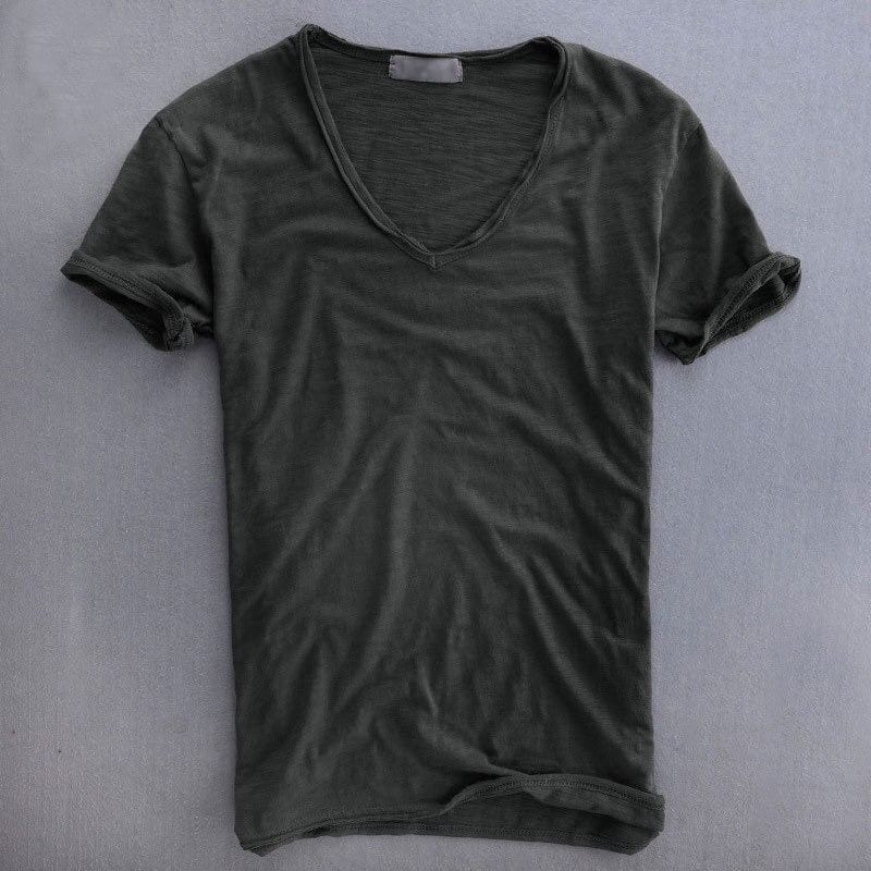 Dark charcoal grey version of the V-neck t-shirt laid flat, with the textured fabric and raw-edged neckline clearly visible. 4