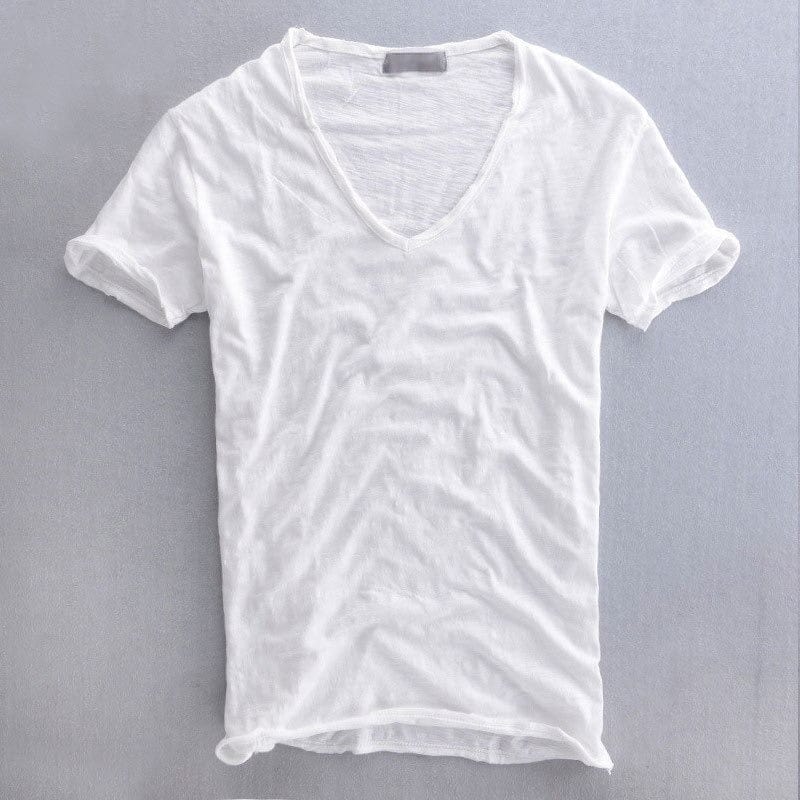 White version of the V-neck t-shirt laid flat, with a slightly sheer textured weave, raw-edged neckline and rolled sleeve cuffs. 2