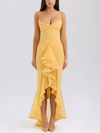 Trendy maxi dress with ruffles and spaghetti straps – Loyza