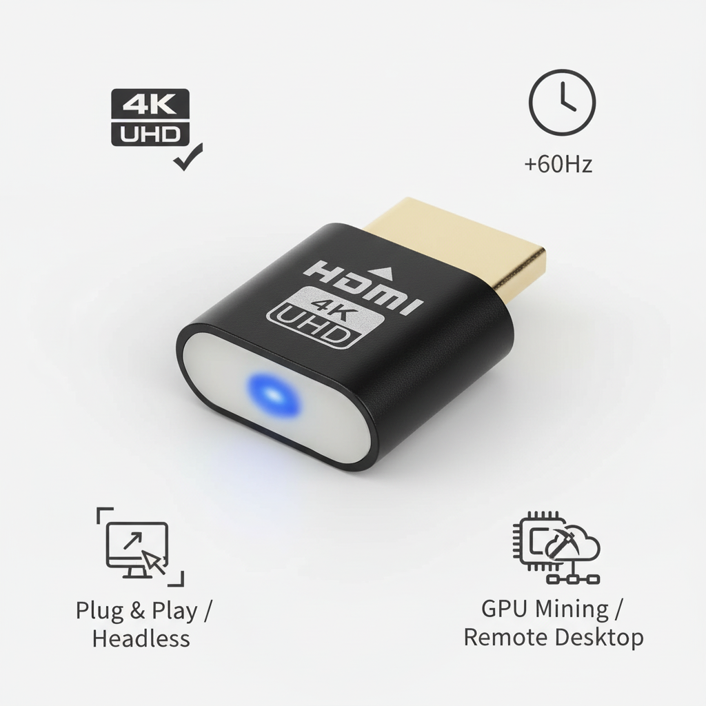 Black HDMI plug with blue light surrounded by feature icons for 4K resolution, 60Hz, plug and play, and remote desktop use. 2