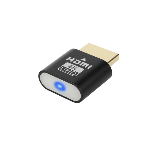 Black aluminium-look HDMI plug with gold connector and glowing blue indicator light, shown at an angle on a plain white background. 1