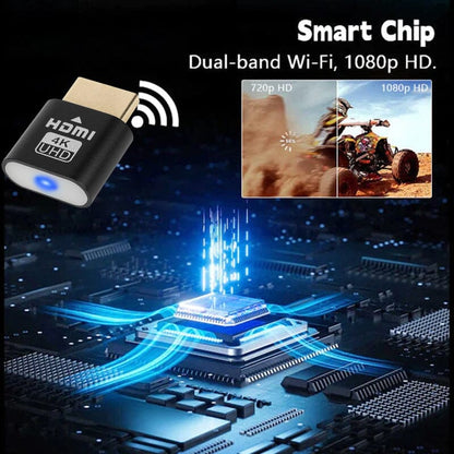 Black HDMI plug beside a Wi-Fi symbol above a glowing circuit board, with a split screen comparing standard and sharper picture quality. 4