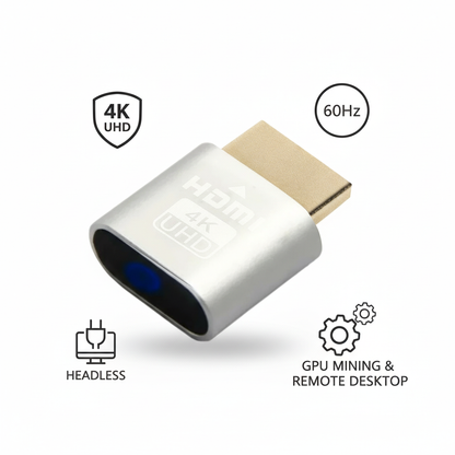 Silver HDMI plug with a dark end and blue light, surrounded by icons for 4K, 60Hz, headless use and remote desktop. 11