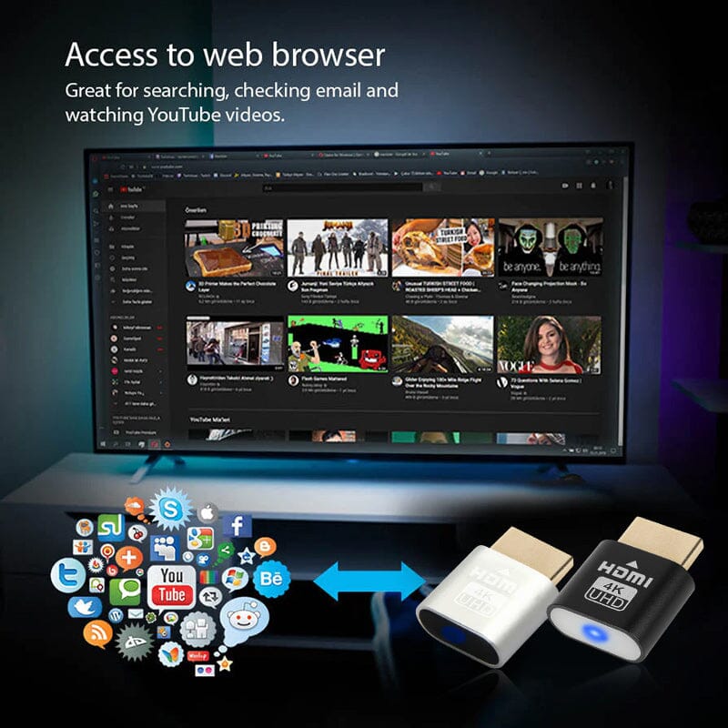 Black and silver HDMI plugs in front of a TV showing a video website, with a cloud of social and app icons beside them. 6