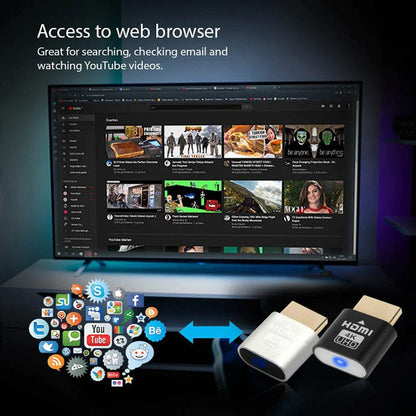 Black and silver HDMI plugs in front of a TV showing a video website, with a cloud of social and app icons beside them. 6
