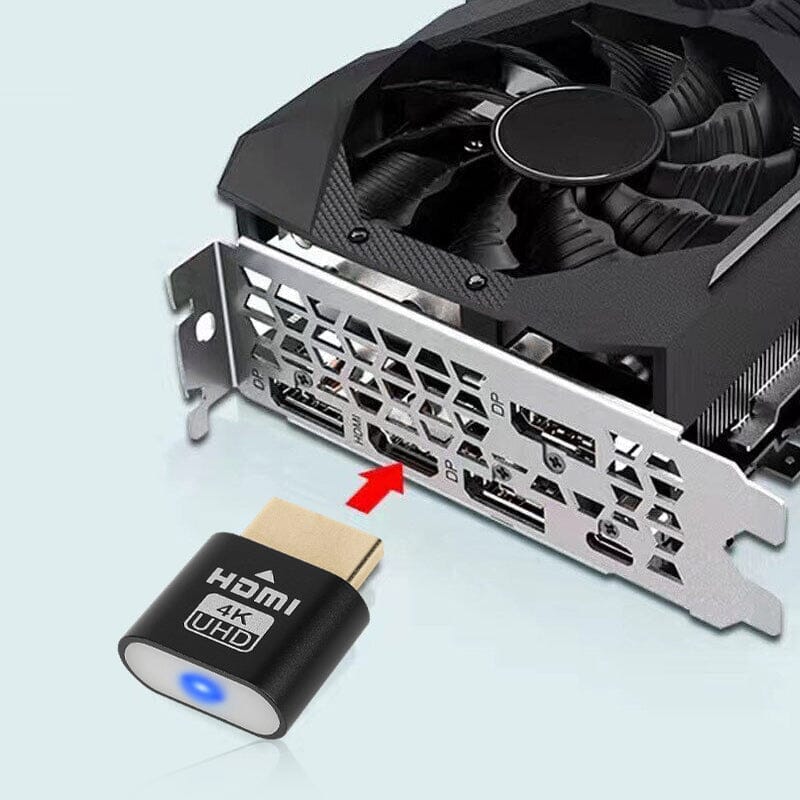 Black HDMI plug with a red arrow pointing to the HDMI output on a graphics card's metal bracket. 9