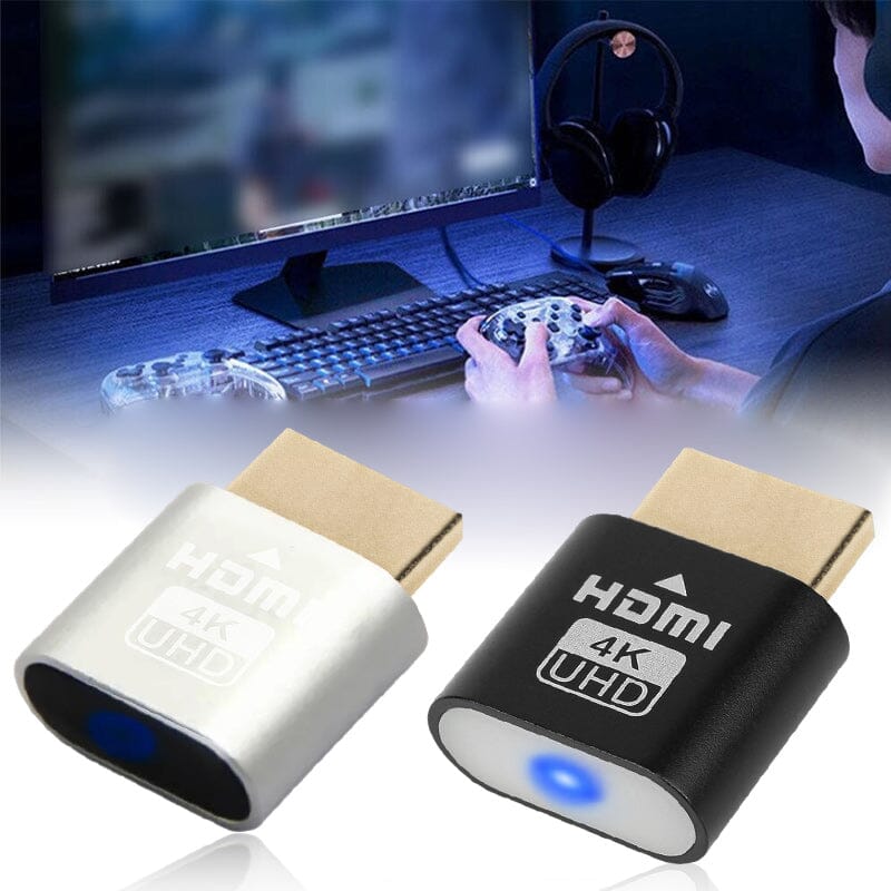 Silver and black HDMI plugs side by side, with a person playing a game with a controller at a desk behind. 10