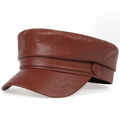 Tan brown faux leather baker boy cap with contrast stitching and covered button 18