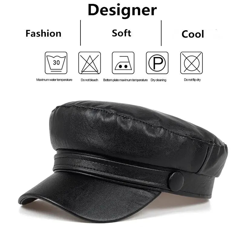 Black faux leather cap above care symbols and short descriptive words 6