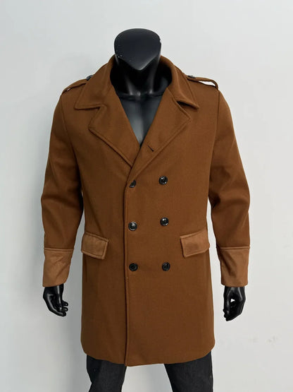 Camel brown double-breasted overcoat on a mannequin, front view with lighter suede-look pocket flaps and cuffs 16
