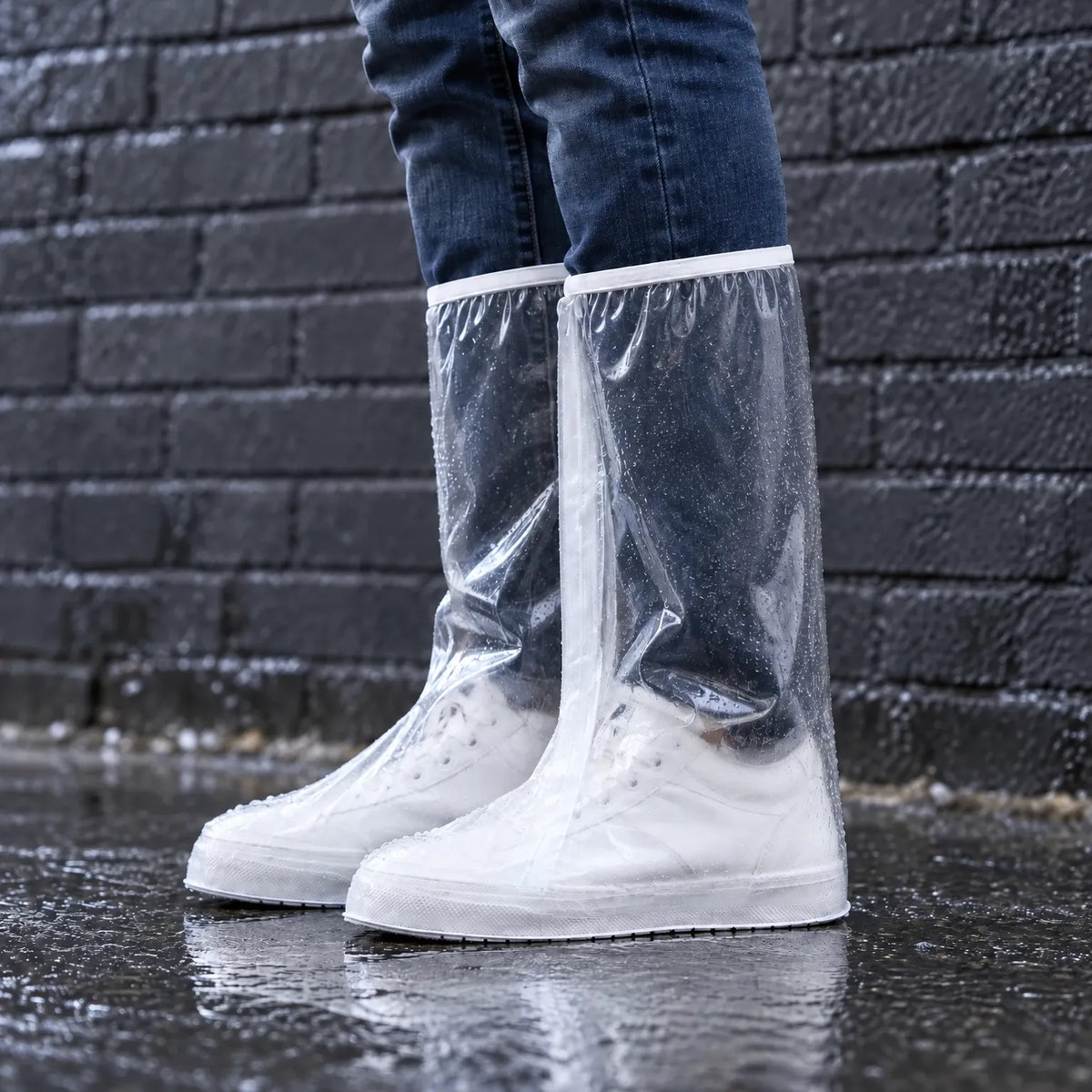 Side view of tall clear overshoes worn over white trainers and jeans, beaded with raindrops on a wet pavement by a dark brick wall. 1