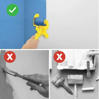 Comparison panel: the guide painting a straight blue edge on a wall, versus a hand-held brush and a paint tray with brushes. 8