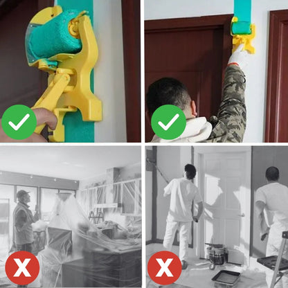 Four-panel comparison: the guide painting neat green lines beside door frames, versus taped and sheeted rooms with painters at work. 5