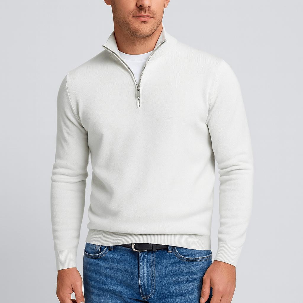 White knit with silver half-zip and ribbed trims, worn over a white tee with belted jeans 10