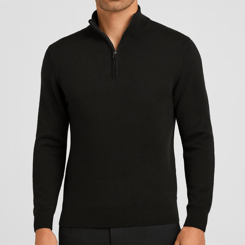 Model wearing the quarter-zip jumper in black, shown from chin to hips against a pale grey backdrop. 3