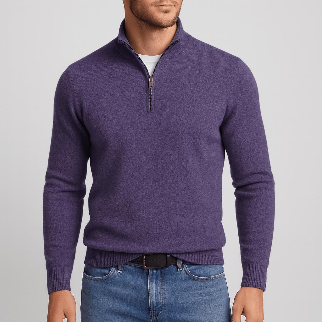 Model wearing the quarter-zip jumper in deep purple with a bronze-toned zip, black belt and blue jeans. 8