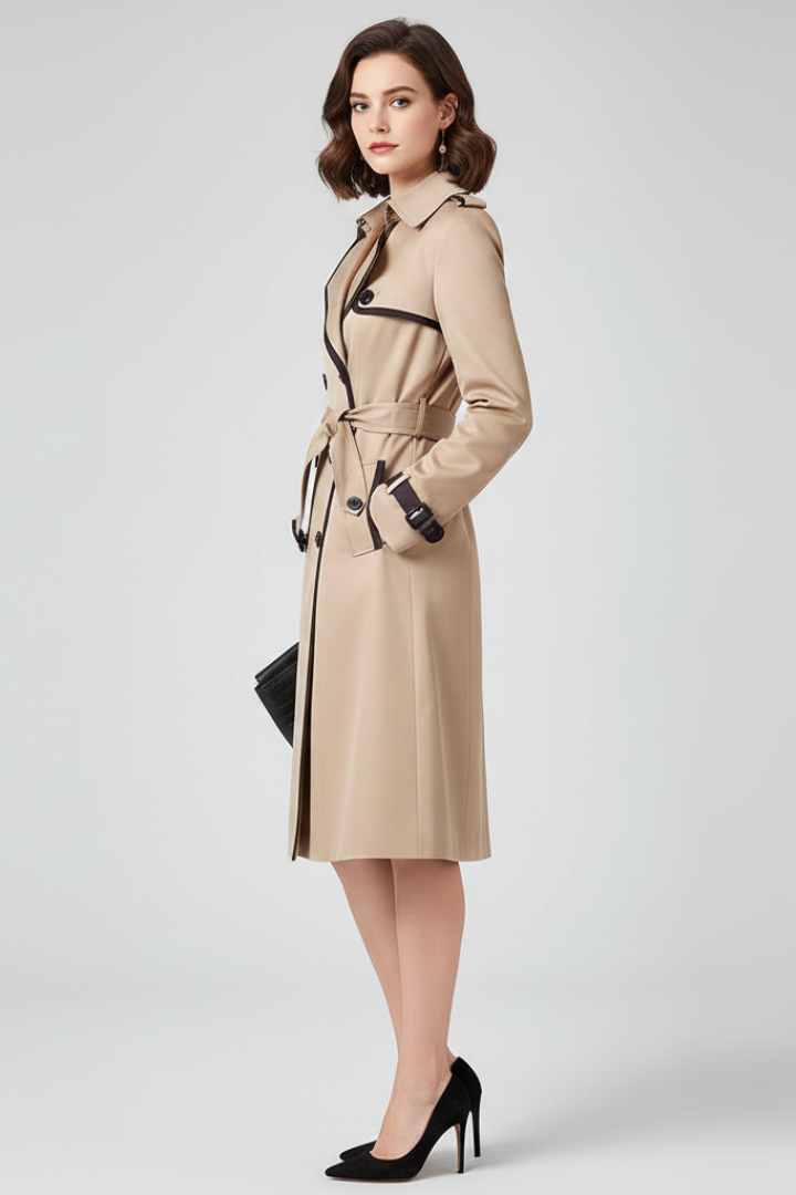Side view of the beige trench coat on a model, showing the sleeve cuff strap, belted waist and dark piped storm flap. 3