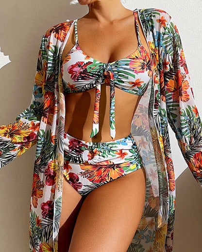 Three-Piece Tropical Floral Bikini Set - Dixie