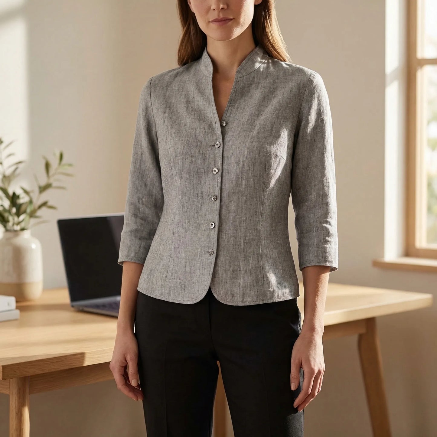 Three-Quarter Sleeve Mandarin Collar Blouse - Jeanette