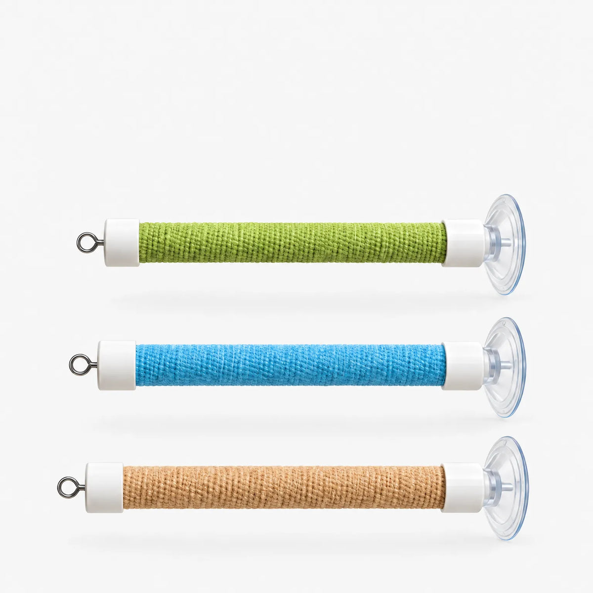 Three horizontal perches with white end caps, a clear suction cup and a metal eyelet, wrapped in green, blue and natural tan rope. 1