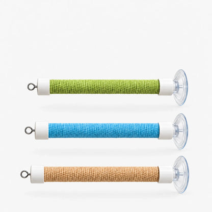 Three horizontal perches with white end caps, a clear suction cup and a metal eyelet, wrapped in green, blue and natural tan rope. 1
