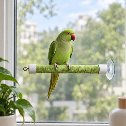 Green parakeet standing on a green rope-wrapped perch stuck to a window, with trees and a houseplant in the background. 2