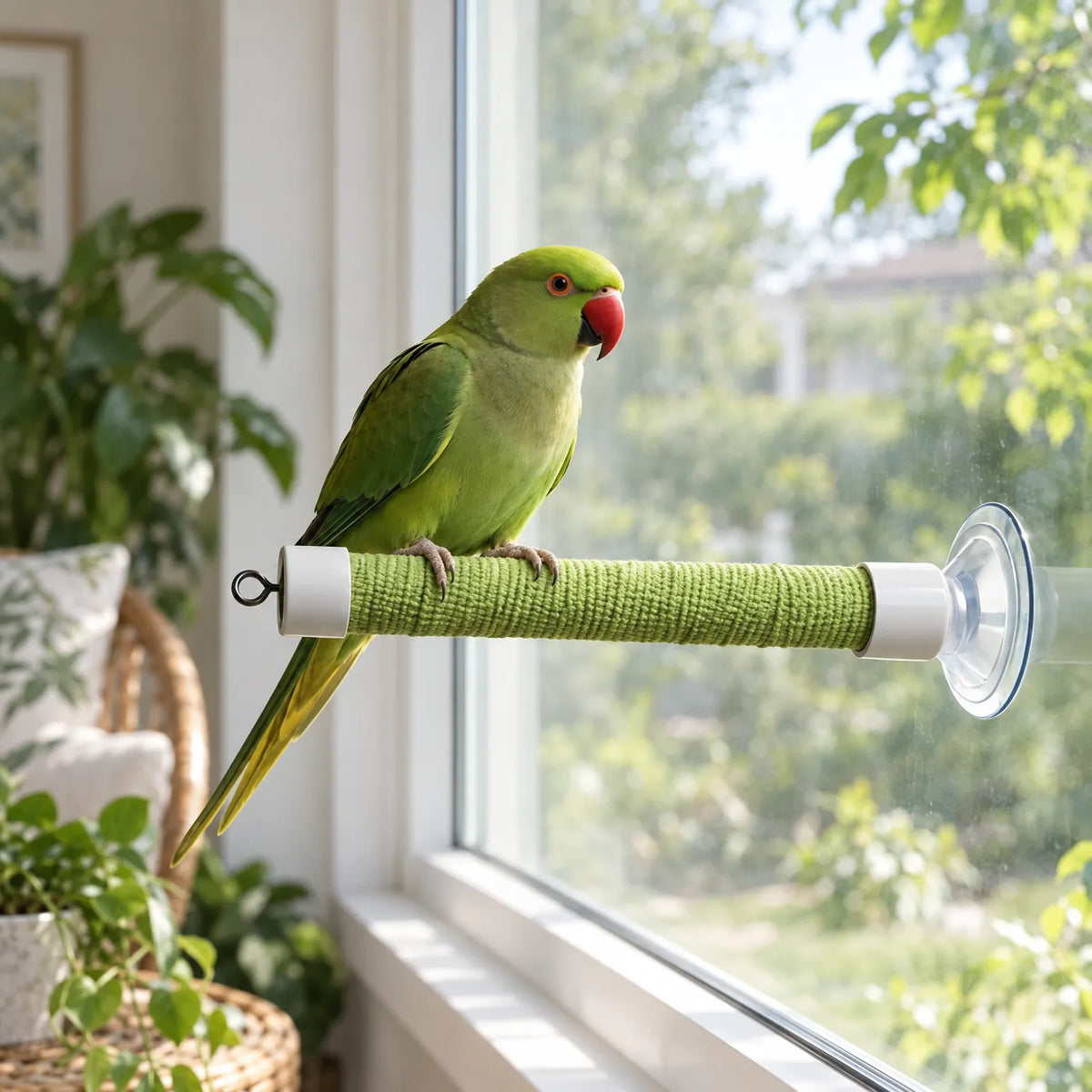 Green parakeet perched on a green perch suction-mounted to a bright window, with indoor plants and a wicker chair behind. 3