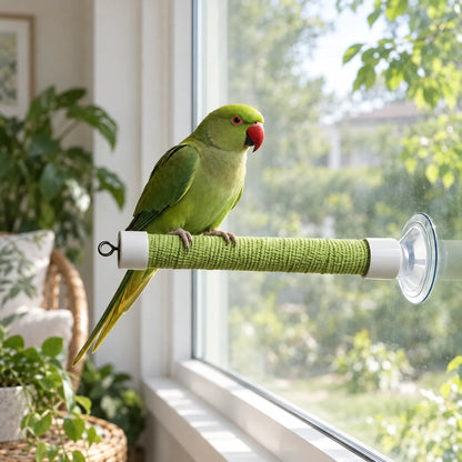 Green parakeet perched on a green perch suction-mounted to a bright window, with indoor plants and a wicker chair behind. 3