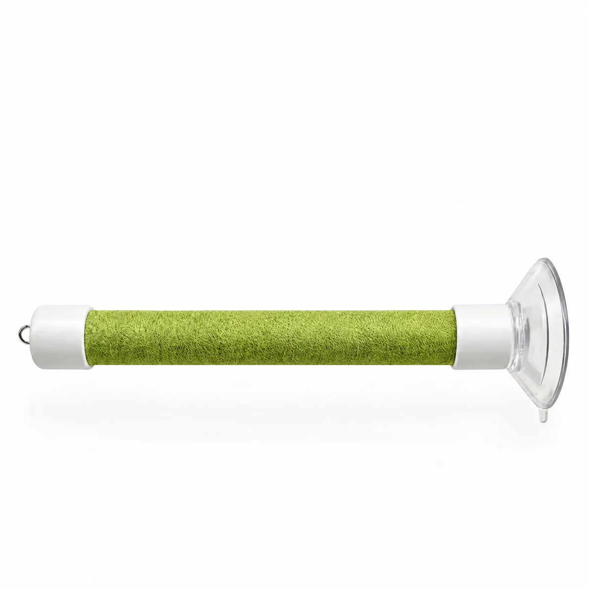 Single green perch on a plain white background, showing the textured wrap, white end caps, small metal ring and clear suction cup. 5