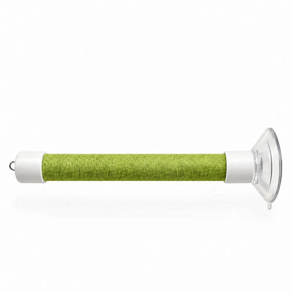 Single green perch on a plain white background, showing the textured wrap, white end caps, small metal ring and clear suction cup. 5