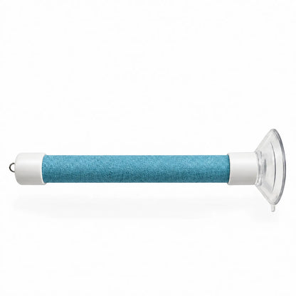 Single blue perch on a plain white background, showing the textured wrap, white end caps, small metal ring and clear suction cup. 6