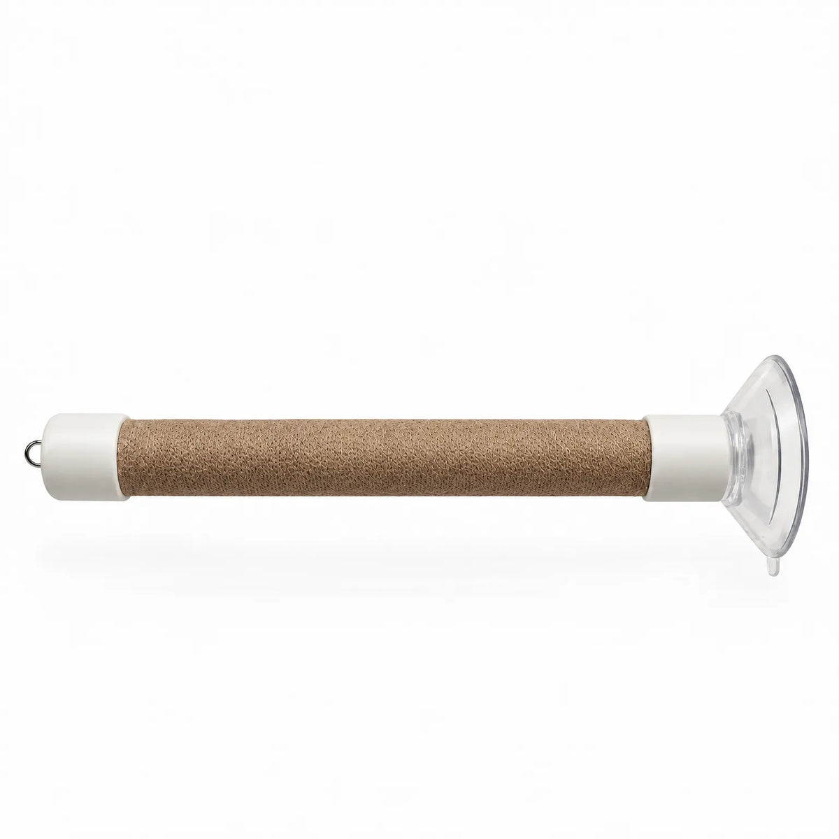 Single natural tan perch on a plain white background, showing the woven wrap, white end caps, small metal ring and clear suction cup. 7