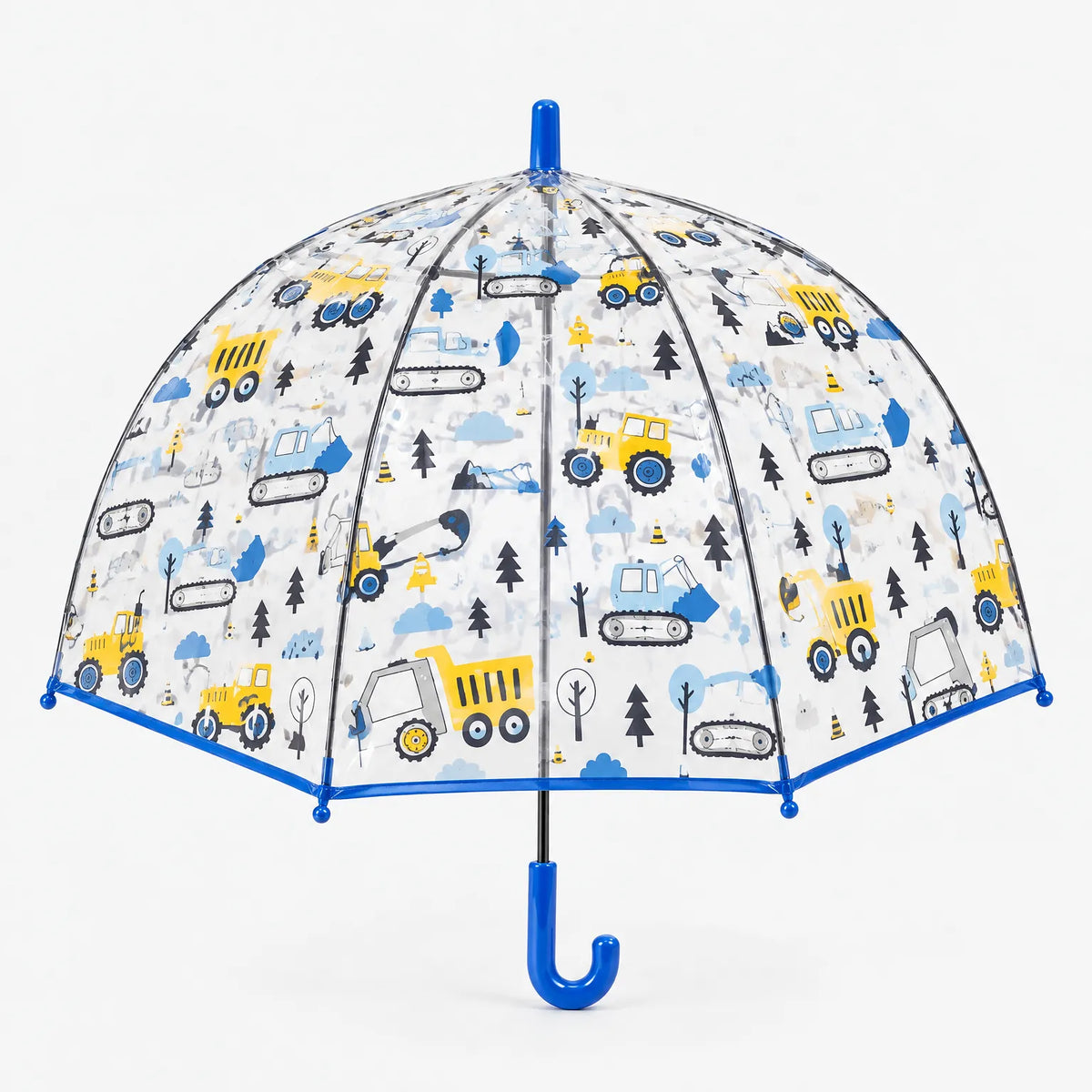 Clear dome umbrella with blue and yellow diggers, dumper trucks and fir trees, finished with blue trim and a blue hooked handle. 10