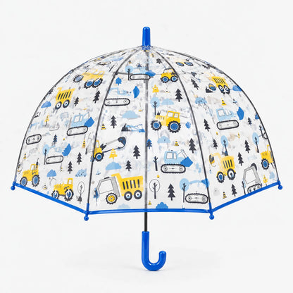 Clear dome umbrella with blue and yellow diggers, dumper trucks and fir trees, finished with blue trim and a blue hooked handle. 10