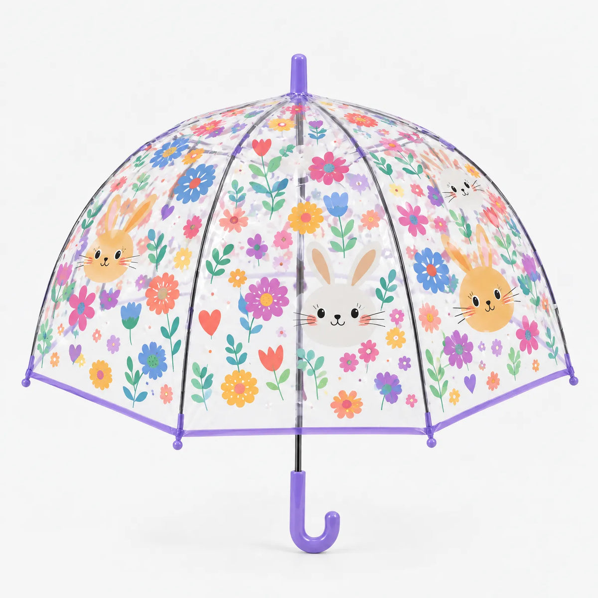 Clear dome umbrella printed with bunny faces, hearts and bright flowers, purple trim and handle, shown upright on a white background. 11