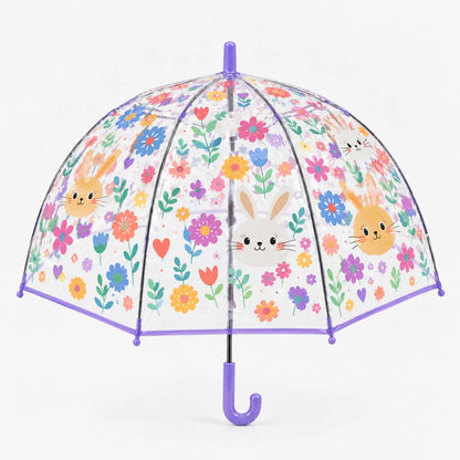 Clear dome umbrella printed with bunny faces, hearts and bright flowers, purple trim and handle, shown upright on a white background. 11