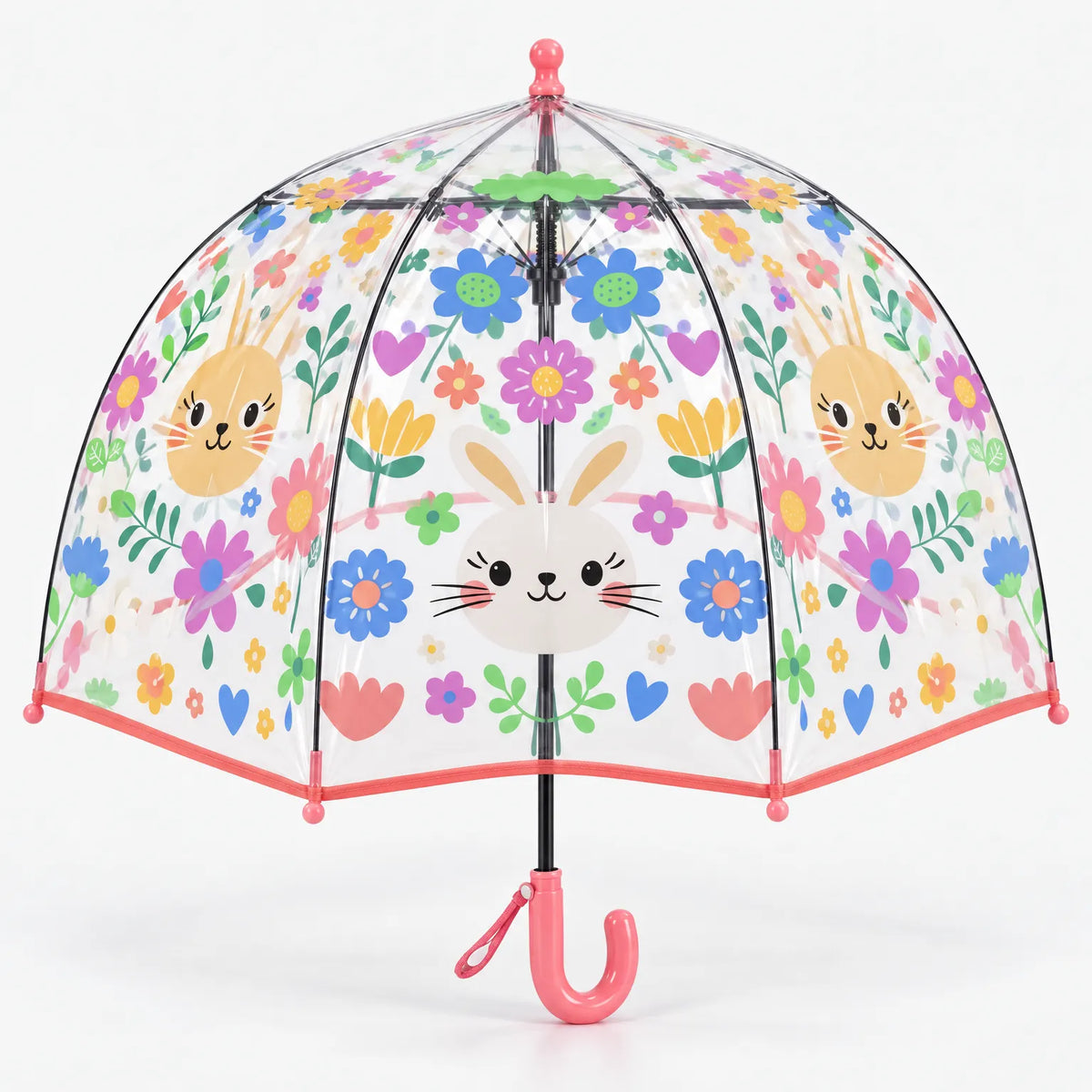 Clear dome umbrella with bunny faces and bold flowers, coral pink trim and handle, a wrist loop on the handle and a rounded tip. 12