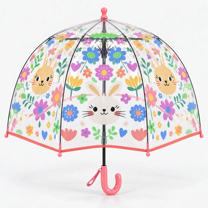 Clear dome umbrella with bunny faces and bold flowers, coral pink trim and handle, a wrist loop on the handle and a rounded tip. 12