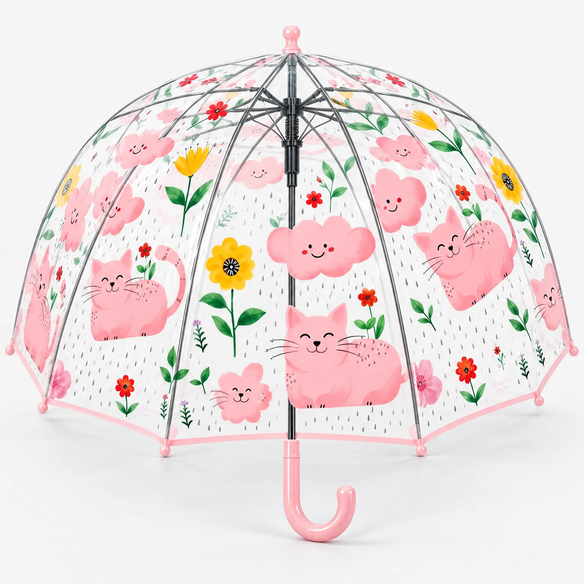 Clear dome umbrella with smiling pink cats, cloud faces and flowers among raindrops, pale pink trim and handle, seen slightly from below. 13