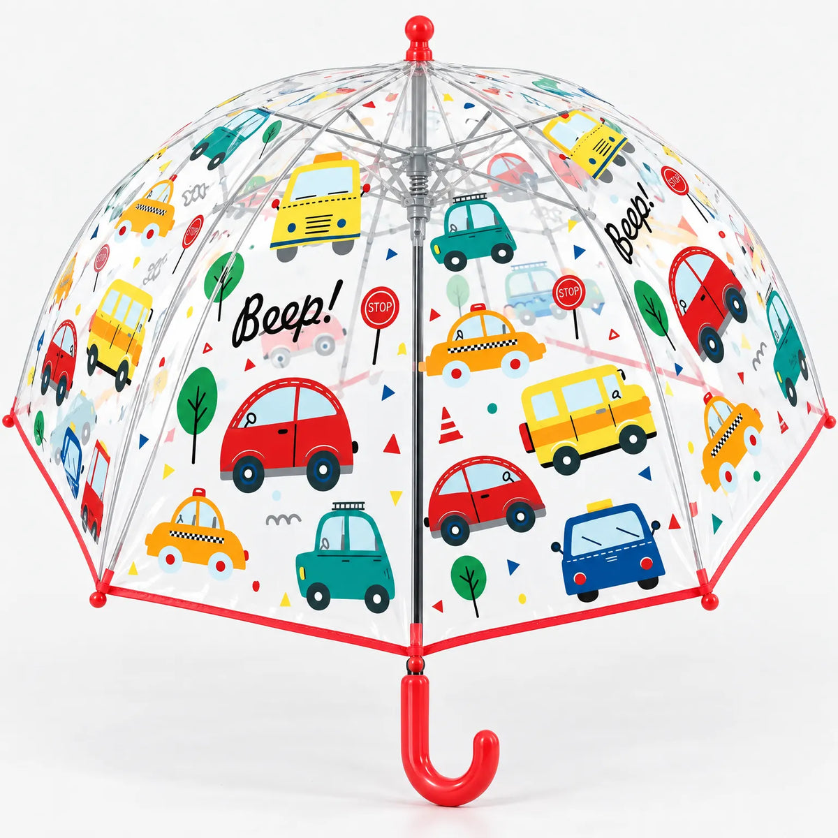 Clear dome umbrella with cartoon cars, taxis and stop signs, red trim and handle, with the open frame visible inside the canopy. 14
