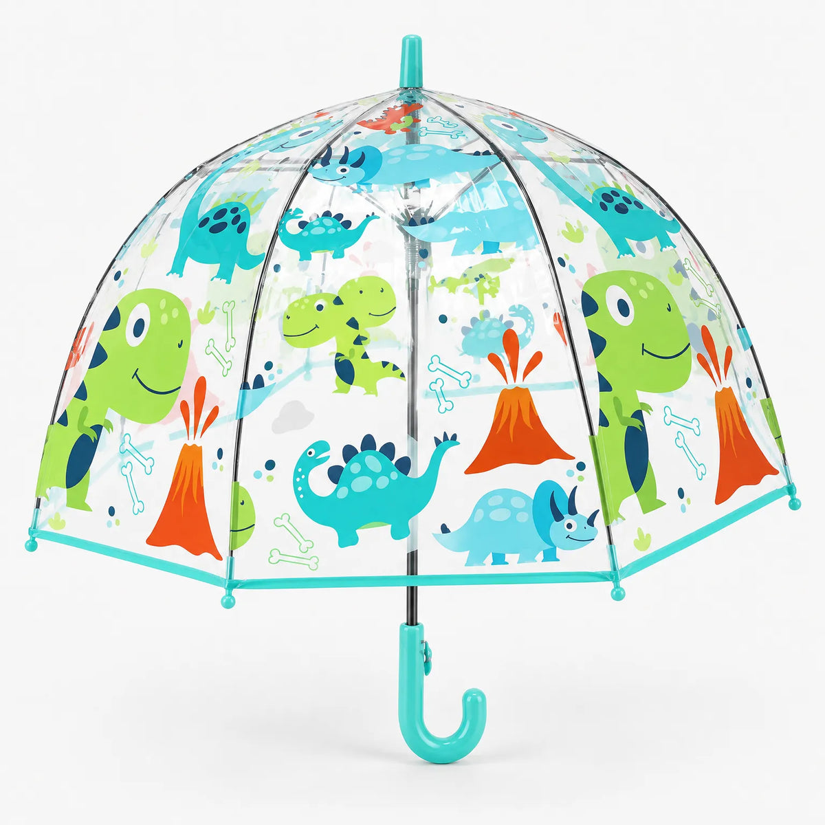 Clear dome umbrella with cartoon dinosaurs, volcanoes and bones, finished with turquoise trim and a matching hooked handle. 2