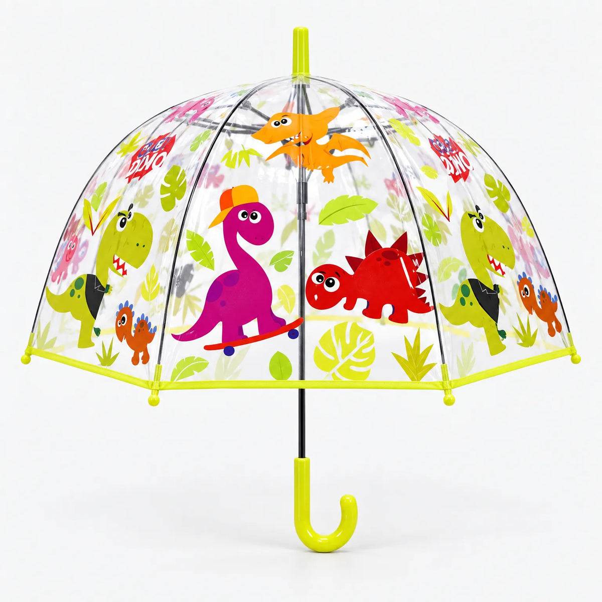 Clear dome umbrella with playful dinosaurs among green leaves, including a purple one on a skateboard, with lime green trim and handle. 4