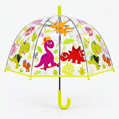 Clear dome umbrella with playful dinosaurs among green leaves, including a purple one on a skateboard, with lime green trim and handle. 4
